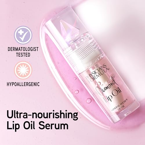 Physicians Formula Mineral Wear Diamond Lip Oil, High-Shine Serum Hybrid with Diamond Dust, Vitamin E, & Mineral Powder, Talc-Free, Cruelty-Free, & Vegan - Pink Diamond