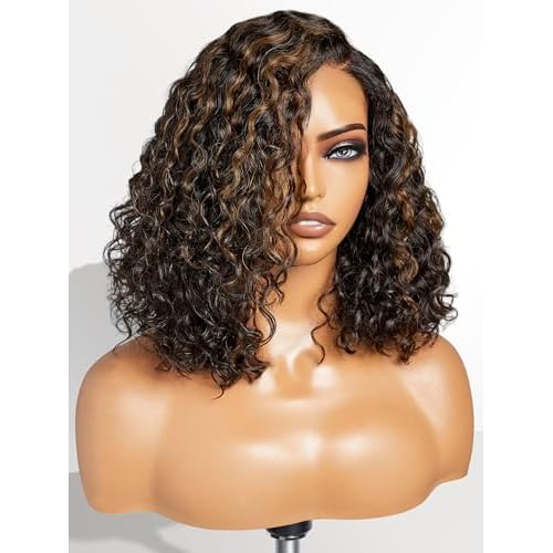 LUVME HAIR 12" Curly Glueless Wigs Human Hair Pre Plucked Pre Cut, Undetectable HD Lace Curly Bob Wig Human Hair Short Black Wig with Blonde Highlights Ready to Go Wig 180 Density