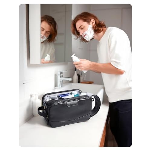 BAGSMART Toiletry Bag for Men, PU Leather Travel Bag for Toiletries, Dopp Kit Water Resistant Shaving Bag for Bathroom Shower-Black