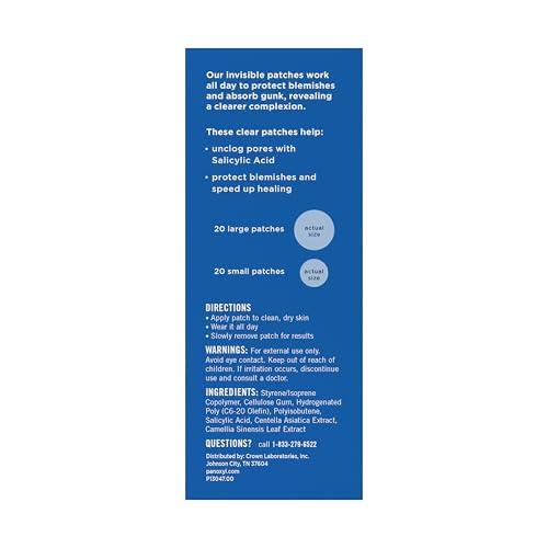 PanOxyl Daytime Invisible Patches, Dermatologist-Recommended Brand, Help Manage Blemishes, Unclog Pores and Exfoliate with Salicylic Acid, 20 Large Patches and 20 Small Patches, Latex-Free, 40ct