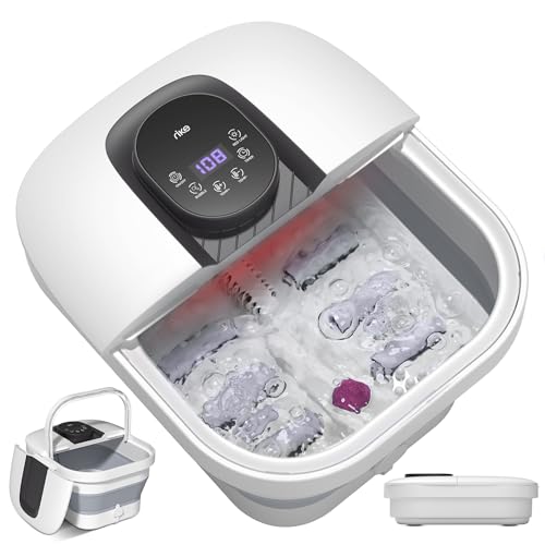 RIKE Collapsible Foot Spa with Heat, Bubbles, 24-Level Temp Control, Red Light, Timer, Foot Soaking Tub with 6 Shiatsu Rollers & Pumice Stone, Foot Bath Massager Pedicure FootSpa for Stress Relief