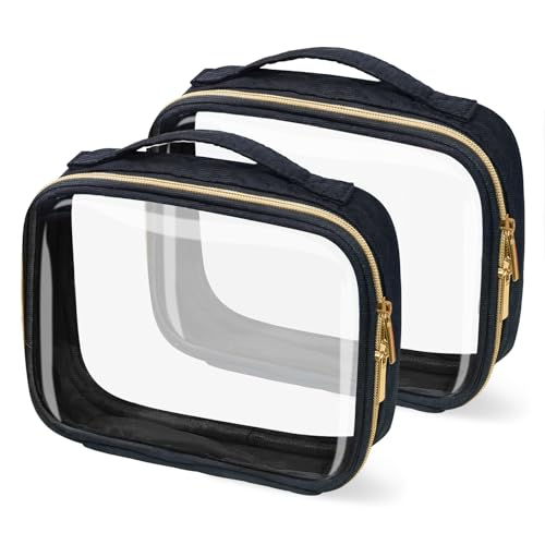 TSA Approved Travel Toiletry Bag,2 Pack Clear Makeup Bags with Handles,Quart Size Clear Cosmetic Bags for Traveling Women,Men,Carry on Airport Airline Compliant Bag,Black