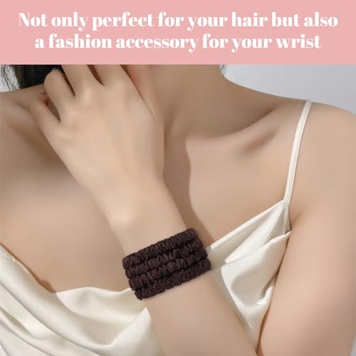 Scrunchies Hair Ties Silk Satin Scrunchy, WantGor Women 4PC Pure Mulberry Silk Skinny Elastic Scrunchies Hair Bands Bracelets Ponytail Holders Hair Accessories (Brown*4)