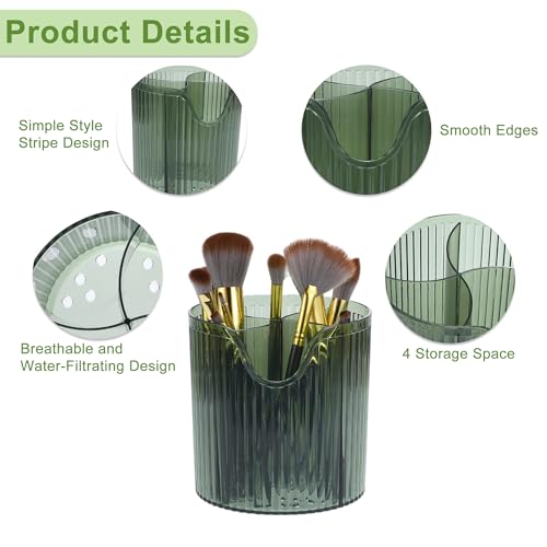 VOCOSTE Makeup Brush Cup, Makeup Organizer, 4 Slot Makeup Brush Holder, Cosmetics Storage Cup, for Vanity for Desktop, for Bathroom Countertops, Clear Green