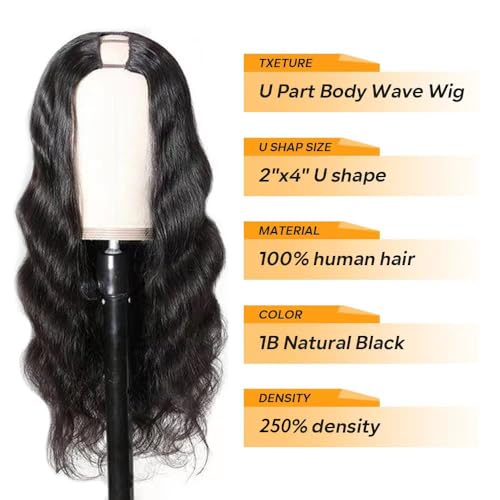 250% Density U Part Human Hair Wig Body Wave for Black Women U Part Wig Brazilian Virgin Human Hair Wig 10A Full Head Clip in Half Wig Glueless No Leave Out Lace Front Wig Natural Color 24inch