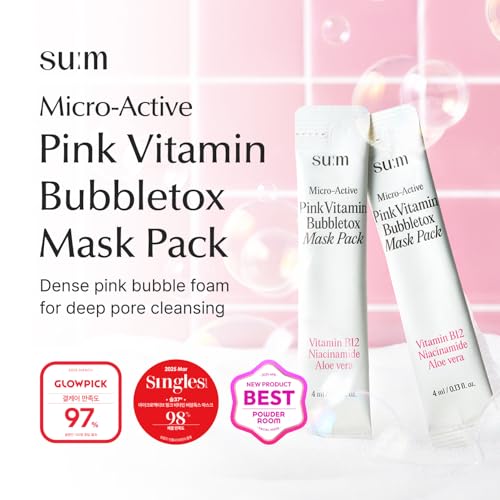 SU:M Micro-Active Pink Vitamin Bubbletox Mask Pack (0.13 fl oz x 14ea) - Korean Skincare ? Deep pore cleansing, hydration with Fermented Pink Vitamin 12, Hibiscus, Kaolin & Bentonite