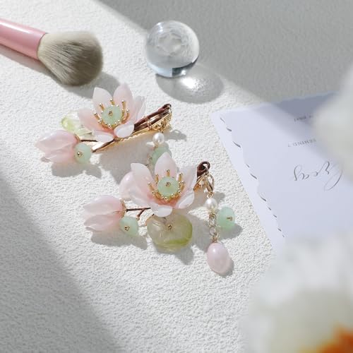 SHIYANG Handmade Pink Lotus Hair Clips, Floral Hair Decoration for Hanfu, Chinese and Korean Fashion