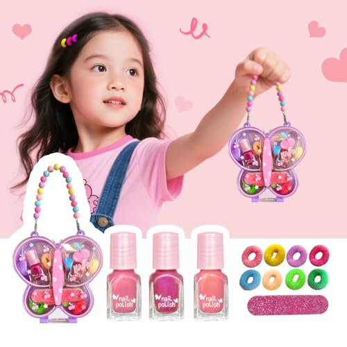 M&U MAKE YOU UP Butterfly Jewelry Case Nail & Hair Set - 3 Quick-Dry Polishes + 5 Fuzzy Elastics | Portable Beaded Clutch for Teens, FashionGift with Floral Charm Party Favors