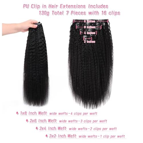 Essent Seamless Kinky Straight Clip in Hair Extensions Real Human Hair 22 Inch 7Pcs 130g Kinky Clip Ins Full Head Brazilian Remy Hair Extensions for Women Natural Black Double Weft Clip In