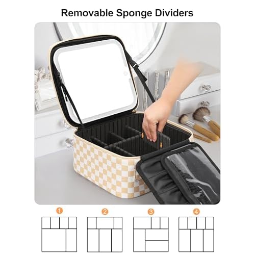 Relavel Travel Makeup Bag With LED Mirror, Cosmetic Train Case with Light up Mirror, Portable Makeup Artist Organizer Bag with Adjustable Dividers, Makeup Brush Holder Storage, Plaid