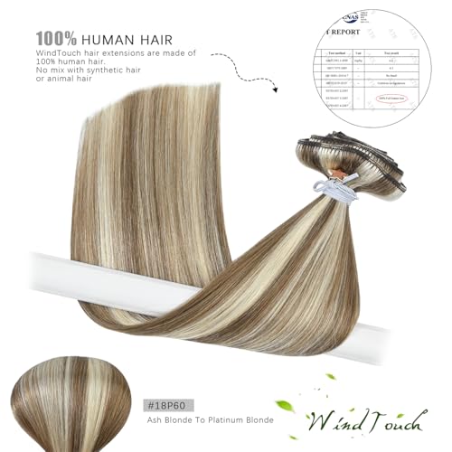 WindTouch Clip In Hair Extensions Ash Blonde To Platinum Blonde Human Hair Highlights For Blonde Full Head 20Inch 120g 7PCS Remy Hair Extensions