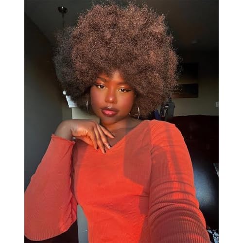 Short Afro Wig with Bangs for Black Women Afro Kinky Curly Wig 70s Premium Synthetic Big Afro Wigs(Red Brown)