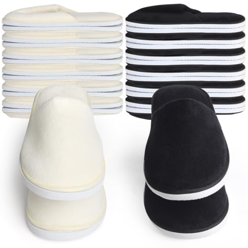 Yeios 12 Pairs Disposable Slippers for Guests Hotel Spa Slippers,0.78inch Sole 180GSM Coral Fleece Non-slip Washable House Slipper Bulk for Adult for Men and Women Beige and Black