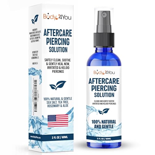 BodyJ4You Piercing Aftercare Spray - Saline Solution Natural Keloid Bump Removal - Ear Piercing Cleaner Nose Septum Belly Button Cartilage - Sea Salt Aloe Vera Rosemary - Fine Mist 2 Fl Oz