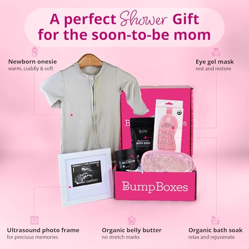 Bump Boxes 2nd Trimester Gift Set, Complete Pregnancy Care Package with Belly Butter, Bath Soak, Baby Footed Sleeper, Sonogram Frame and Eye Mask