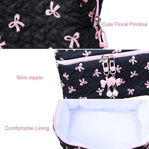Cotton Quilted Makeup Bag Coquette Accessories Make up Bag Organizer Cute Bow Floral Cosmetic Pouch Travel Makeup Bag Mystery black Pure white (White black bow-01)
