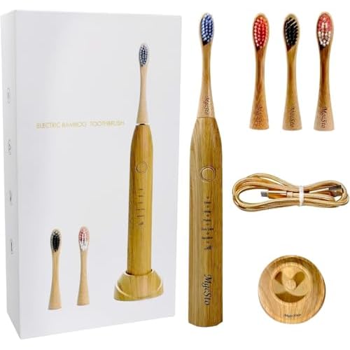 Electric Bamboo Toothbrush Sonic Toothbrush - 4 Replaceable Bamboo Brush Heads Eco-Friendly IPX7 Waterproof Electric Toothbrush, One-Button Switch Five-Mode Brushing