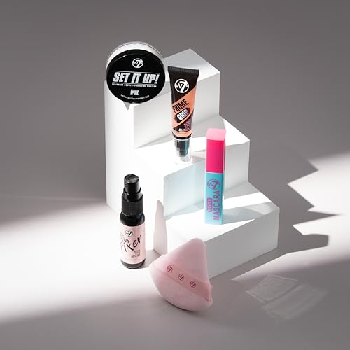 W7 On the Go Cuties Gift Set - Mini Makeup Essentials with Primer, Mascara, Setting Spray, Loose Powder & Powder Puff - Travel Size Beauty Favourites - Stocking Stuffer