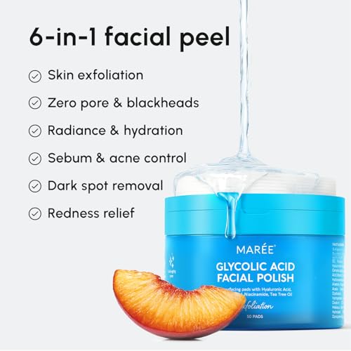 MAREE Glycolic Acid Pads - Toner Pads for Face Cleansing - Exfoliating Pad with Tea Tree Oil, Salicylic Acid & Vitamins E, B3, B5 - Acne Clearing, Skin Pore Resurfacing & Radiance Device - 50 Count