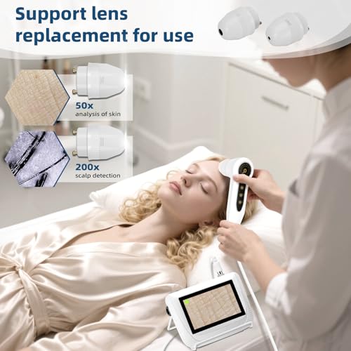 Skin Hair Analyze, Scalp Analysis Machine, 5 Inch LCD Screen Rechargeable Digital Scanner for Skin & Hair Analysis, 50x/200x DualHeads, Digital Skin Health Detection Use for Home and Salon