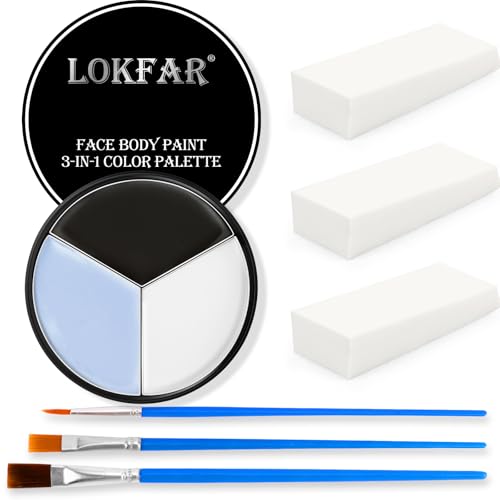 Black White Grey/Gray Face & Body Paint - Blendable Facepaint Foundation with Sponge & Brush for Skin, Professional Halloween Face Make-up Kit for Pale Zombie Skeleton Skull Mime Ghost Goth Costume