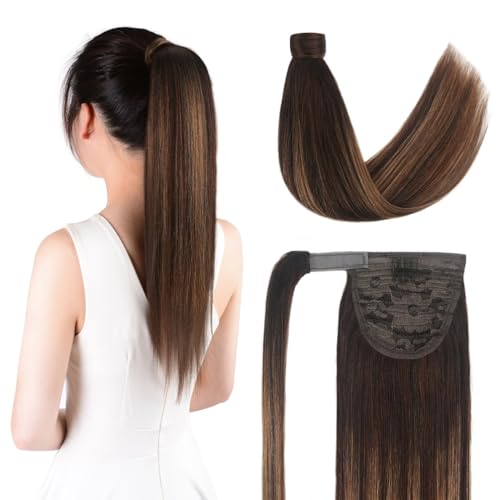 22 Inch Human Hair Ponytail 90g Long Wrap Around Ponytail Balayage Chocolate Brown to Caramel Blonde Real Hair Ponytail Extension for Women(22inch,Balayage Chocolate Brown to Caramel Blonde)