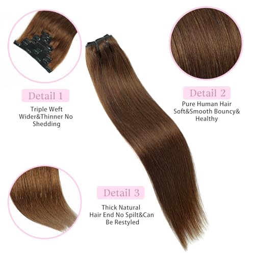 Clip in Hair Extensions Real Human Hair Chocolate Brown 12 inch 7pcs 70g/Pack, Human Hair Clip in Extensions, Salon-Grade Quality, Easy Comfort Wear for Women (#4, 12 inch)