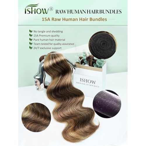 ISHOW Raw Human Hair Bundles, 100% Unprocessed Virgin Human Hair, 15A Body Wave Premium Quality Bundles Producer, 18 Inch Single Bundle, Long Lasting, Ombre Honey Blonde Color P4/27