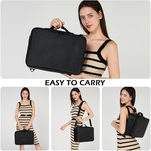 gzcz Large Capacity Travel Makeup Train Case,Professional Cosmetic Bags for Women,Portable Makeup Brush Bag Organizer Storage with Adjustable Dividers and Shoulder Strap