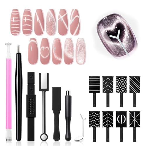 modelones Cat Eye Magnetic for Nails,15PCS Cat Eye Gel Nail Polish Magnet Tools Powerful Set Wand Magnet Winter Nail Polish Square Round Magnet Stick Diverse Glassy Cateye Effect