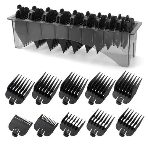 Clipper Guards Set Compatible with Most Wahl Clippers with Holder, Clipper Guides Replacement - 1/16" to 1", 10 Piece Set, Black Color