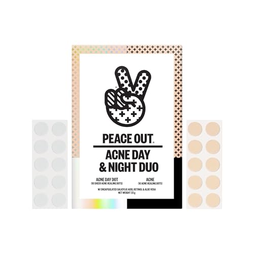 PEACE OUT Acne Day & Night Duo, Sheer Hydrocolloid Pimple Patches For Day Plus Overnight Acne Dots, Helps Clear Blemishes Quickly with Salicylic Acid, Retinol and Aloe Vera, 20 dots