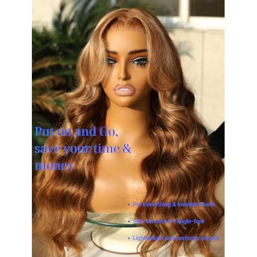Nadula Honey Blonde Bye Bye Knots Glueless Drawstring Wig Human Hair, 7x5 HD Pre Cut Body Wave Lace Front Wig Pre Plucked Bleached Knots, Pre Everything Glueless Ready to Wear Highlight Wig 16inch