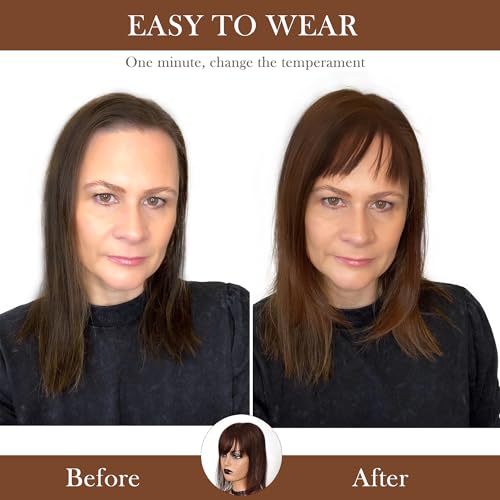 Hair Topper with Bangs Crown Coverage 5 * 5.5'' Cap size, 130% Density Straight Remy Hair Full Hand Tied Hair Piece (Medium brown, Bangs 4#, 10 Inch)