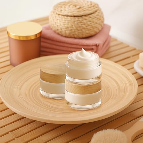 Bumobum 48 Pcs 5 Grams Glass Cosmetic Jars with Plastic Wood-Grain Lids, 5 ml Lip Balm Containers Empty Tiny Sample Jars for Lip Scrub Makeup Eye Cream Travel