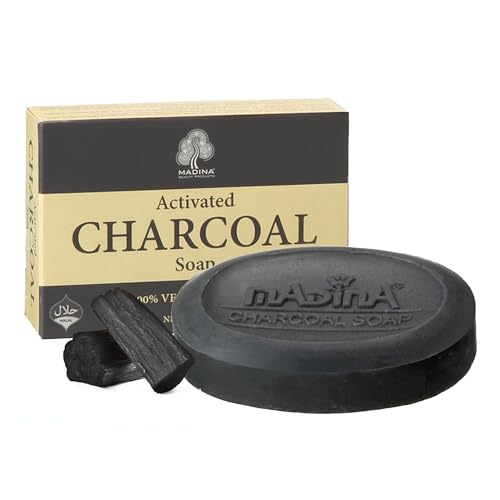 Madina Activated Charcoal Soap Bar ? Deep Cleansing, Detoxifying, Oil Control, Acne, 100% Vegetable-Based, Halal, Gentle Face & Body Cleanser, 6 Pack (3.5 oz Each)