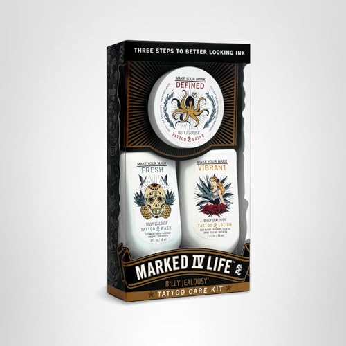 Billy Jealousy Marked IV Complete Tattoo Care Kit, Make Your Mark Defined, Fresh and Vibrant, Includes Aftercare Ink Salve, Brightening Soap and Moisturizing Tattoo Lotion