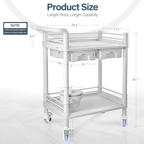 2 Tier Esthetician Cart, Rolling Utility Cart with Bucket & 2 Big Drawers, Heavy Duty Salon Trolley with 360 Rotate Silent Wheels, Load 330lbs Mobile Medical for Salon Hospital Office Lab