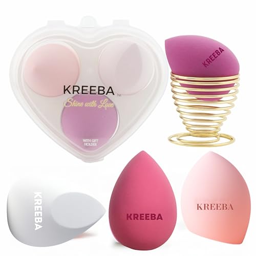 KREEBA 3 Pcs Makeup Sponge Set Comes with Heart-Shaped Travel Box-Makeup Sponges Oval Included Bonus Gold Drying Stand-Latex-Free Make Up Sponges for Face-Beauty Blender Sponge Give Flawless Finish