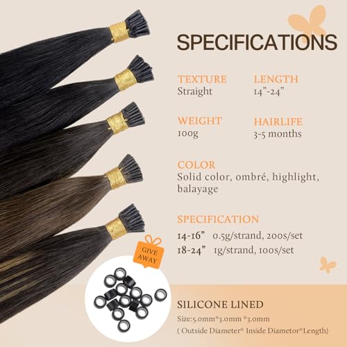 DOORES Itip Remy Hair Extensions,24 Inch 100g 100s Itip Human Hair Extensions,Balayage Dark Brown to Chestnut Brown I Tip Hair Extensions Cold Fusion Hair Extensions Natural Smooth Hair