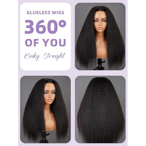 Kinky Straight Invisi Drawstring Glueless HD Full 360 Lace Front Wigs Human Hair Flexible Fit Wear and Go Glueless Wigs Human Hair Pre Cut Pre Plucked Pre Bleached Wigs for Black Women 18 Inch