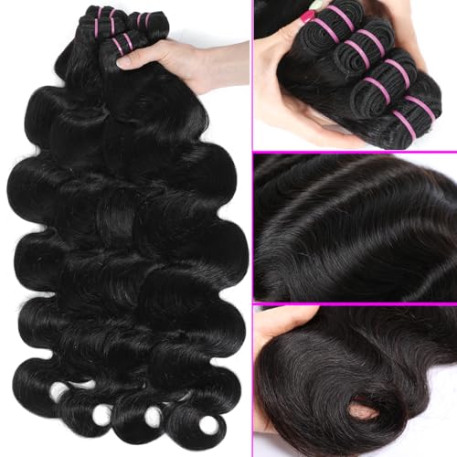 15A Raw Human Hair Bundles Body Wave Human Hair,Triple Lifespan Indian Virgin Hair,No Tangle Shedding,Multiple Washes Keep Texture Silky Soft (4 Bundles Natural Color, 14 16 18 20 Inch)
