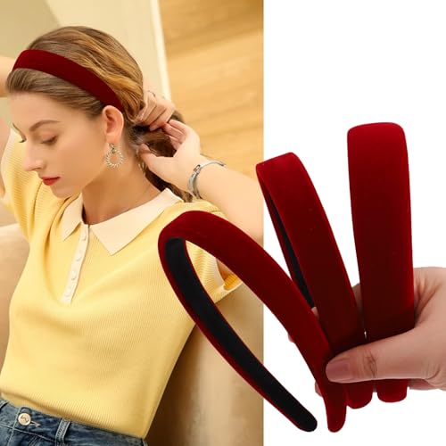 AUDTOPE 3Pcs Headbands for Women, Red Velvet Head Bands for Women's Hair Solid Soft Plain Hairband No Teeth Head Bands Cute Hair Accessories for Women