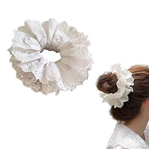 Hair Ties for Women Hair Scrunchies Girls 1 Piece Set White Scrunchie Lace Design Premium Fabric Ponytail Holder (White)