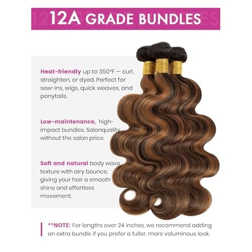 12A F1B/30 Highlight Bundles With 5x5 Closure Body Wave Human Hair 16 18 20+16 IN, Thick Ombre Balayage Honey Blonde Colored Bundles With HD Transparent Lace Closure 100% Remy Hair