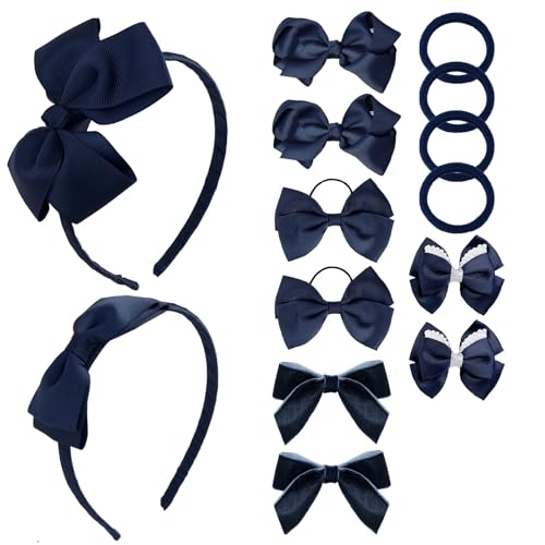 Girl Navy Hair Bow Accessories 14 Pieces Uniform Hair Bows Hair Clips Headband for School Toddler Girls