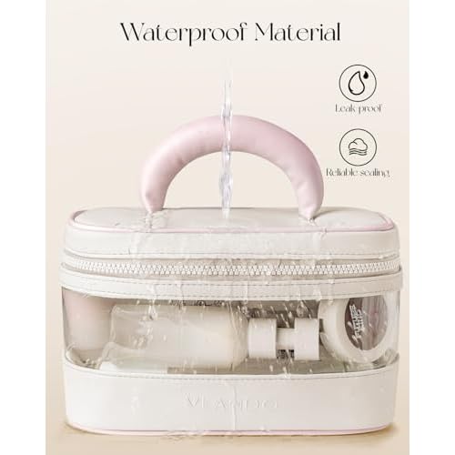 Vlando Travel Makeup Bag, Large Travel Toiletry Bag for Women Girl, Waterproof Cute Cosmetic Bag with Handle, Clear Make up Bag for Cosmetic, Brushes, Skincare-Cream White