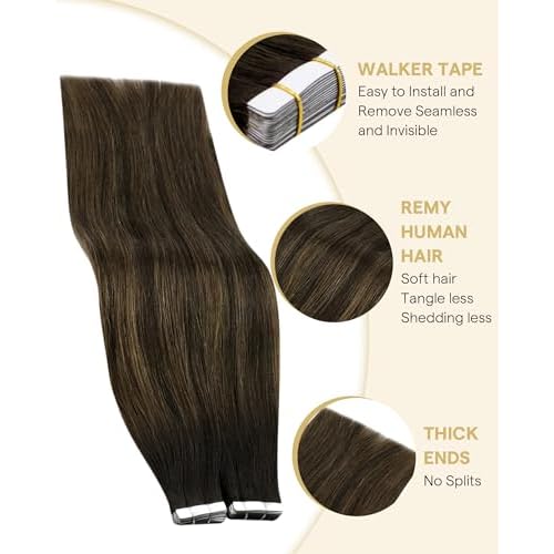Ve Sunny Tape in Hair Extensions Real Human Hair Invisible Remy Human Hair Straight Tape Ins Double Sided Darkest Brown Ombre Medium Brown Balayage 20 inch 20Pcs 50G