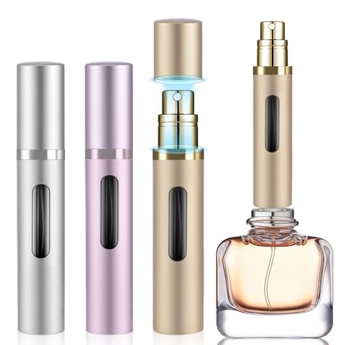 8ml Perfume Atomizer Travel Refillable,Mini Cologne Dispenser, Bottom-Filling Fragrances Perfumes Bottle,Portable Sprayer Pocket Size for Women Men Cruise Car Trip Gift 3pcs (Gold-Pink-Silver)