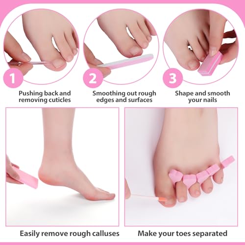 50 Sets Disposable Pedicure Kit Individually Package 5 in 1 Pedicure Tools Pumice Stone Nail File 80/100 Grit Mini Buffer Toe Separator Cuticle Pusher Clear Bag for Salon Home(Pink)